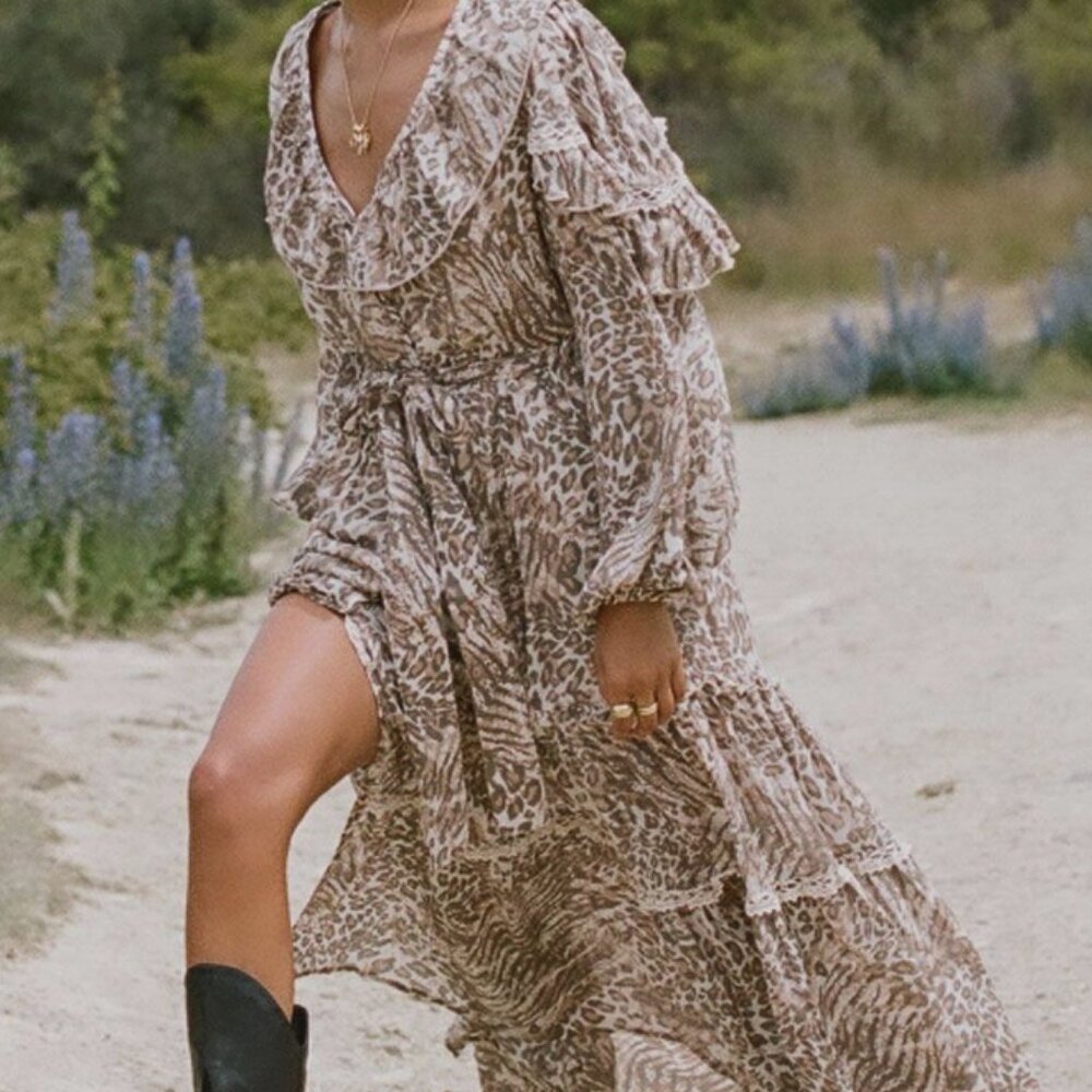 Spell Neutral Animal Print Ruffle Maxi Dress